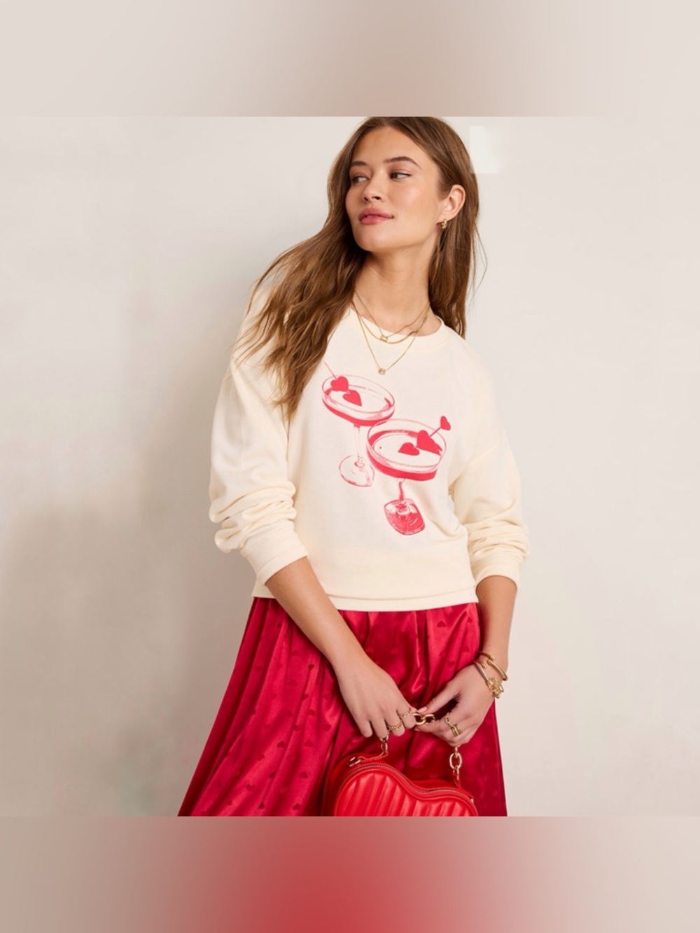 Francesca’s Cream & Red Graphic Sweatshirt with Martini Cocktail Print NWT